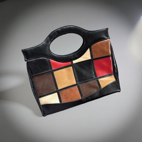 Vintage 60s Mod Colorblock Handbag • Faux Patent Leather Tote • Mondrian Pop Art - Picture 3 of 8